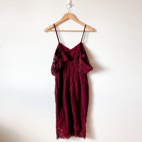 Boohoo Lace Open Shoulder Midi Dress Red Burgundy Sz 4 - Picture 7 of 11